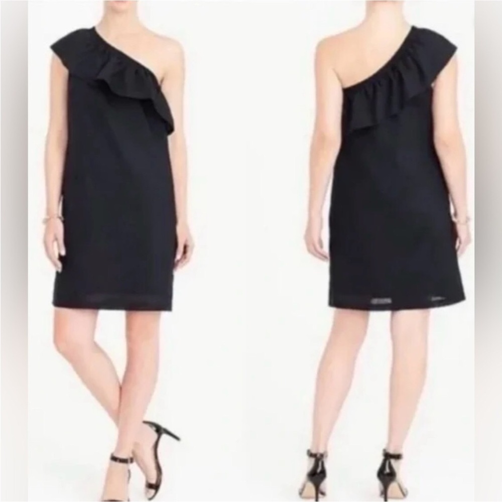 J Crew Black One Shoulder Sheath Ruffled Linen Cotton Dress NEW
